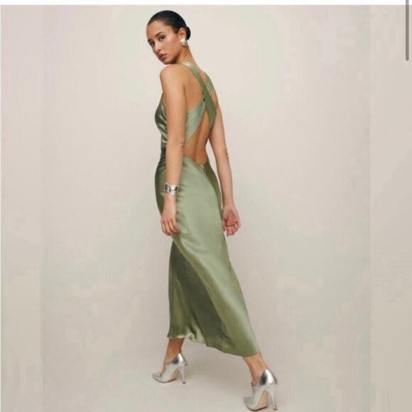 Reformation Casette Silk Dress Artichoke green size 6 C0 - Picture 2 of 9